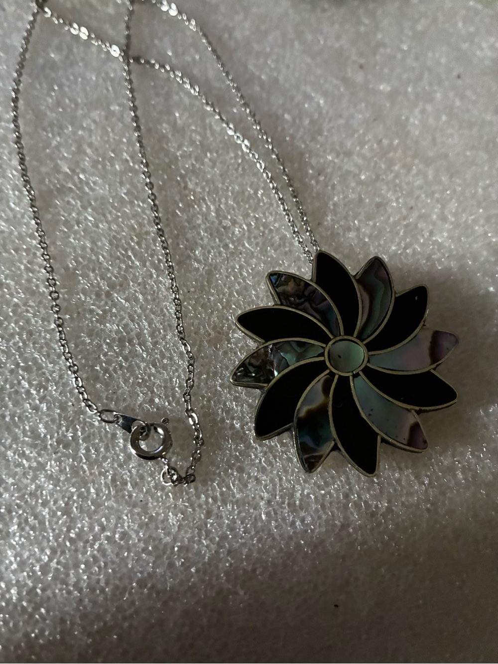 Silver-sterling  Black & Abalone Flower Pendant Necklace